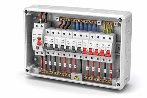 An open distribution board fitted with an RCCB and a row of miniature circuit breakers
