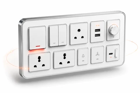 A modular switch plate with switches, sockets, a regulator knob and USB charging points